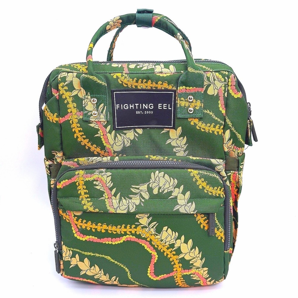 Fighting Eel Diaper Bag Backpack Green Floral Hawaii Lei Baby Changing Pad Set